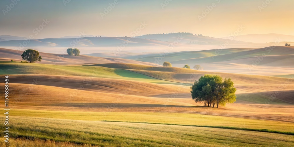 Fototapeta premium Serene sunrise over rolling farmland, showcasing a picturesque landscape of gently sloping fields and solitary trees bathed in soft golden light