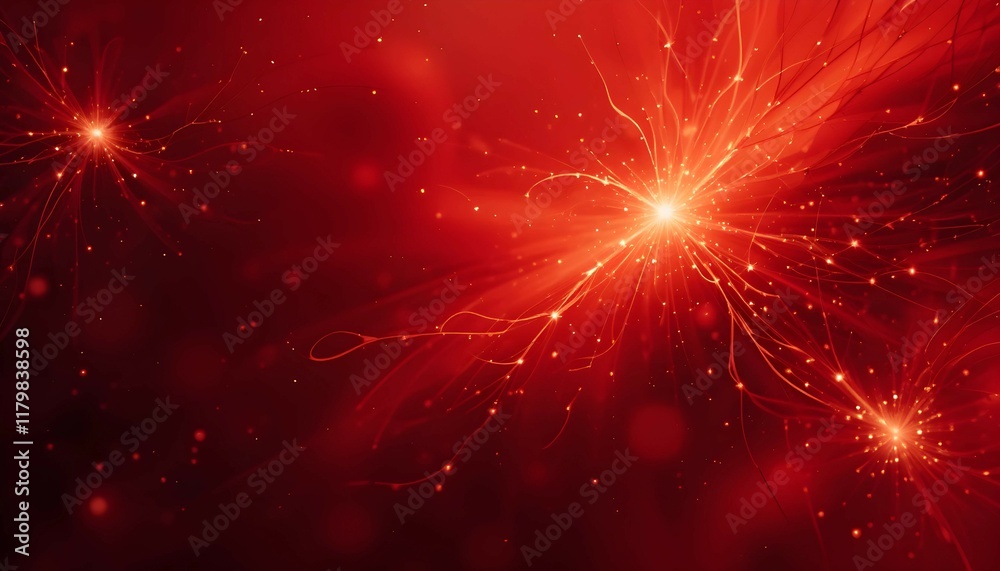 Naklejka premium Elegant Red Sparkling Background with Glowing Stars and Wave-Like Light Effects - Festive and Vibrant