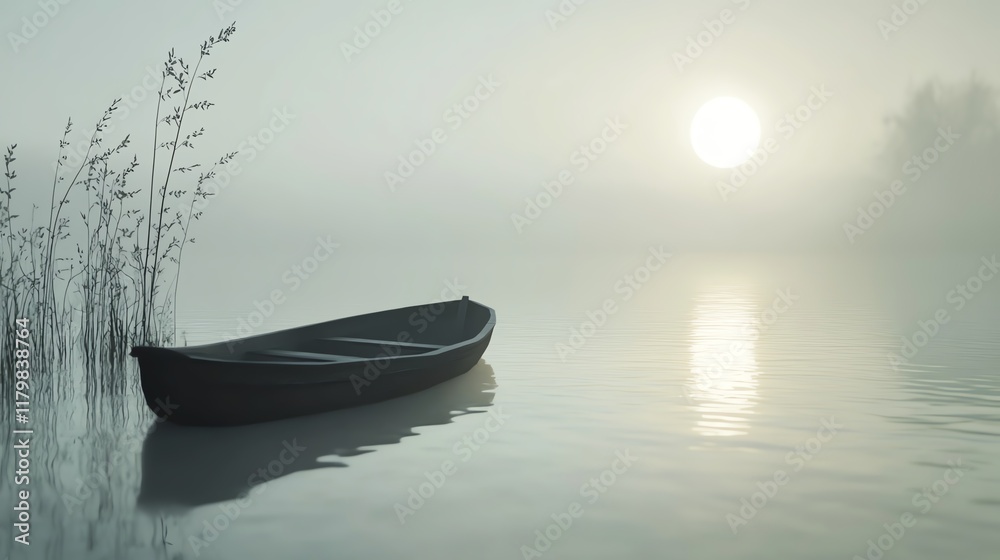 Naklejka premium A serene landscape featuring a lone boat on a misty lake at sunrise.