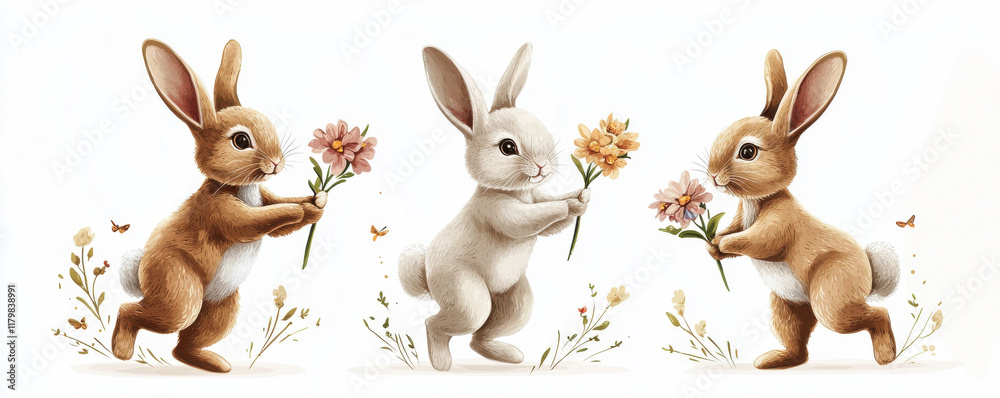 Fototapeta premium Three adorable Easter bunnies holding flowers, surrounded by delicate floral elements