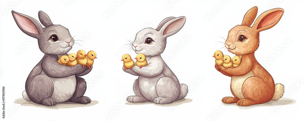 Fototapeta premium Three adorable Easter bunnies in gray, white, and brown hold yellow ducklings, showcasing heartwarming scene