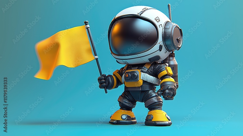 Cute astronaut planting yellow flag on blue background, space exploration concept, digital illustration for children's book. Cute astronaut planting yellow flag on blue background, space exploration concept, digital illustration for children's book.