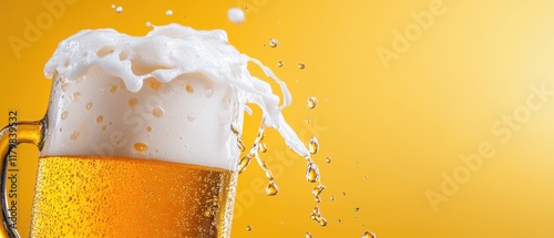 Foamy beer bubbles splashing in a glass celebration scene bright yellow background refreshing alcohol experience