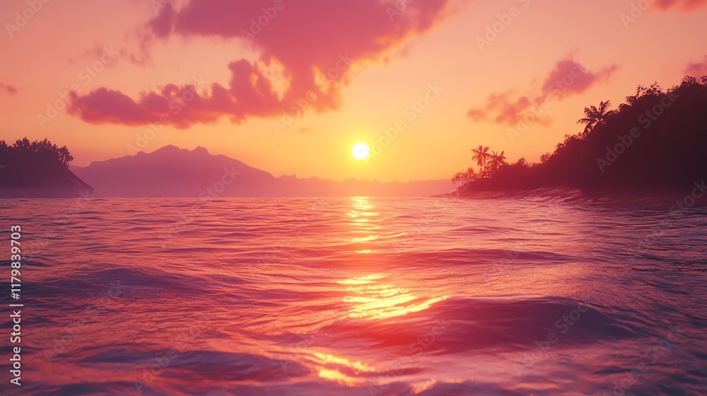 A serene sunset illuminating the ocean waves, creating a tranquil tropical atmosphere. A serene sunset illuminating the ocean waves, creating a tranquil tropical atmosphere.