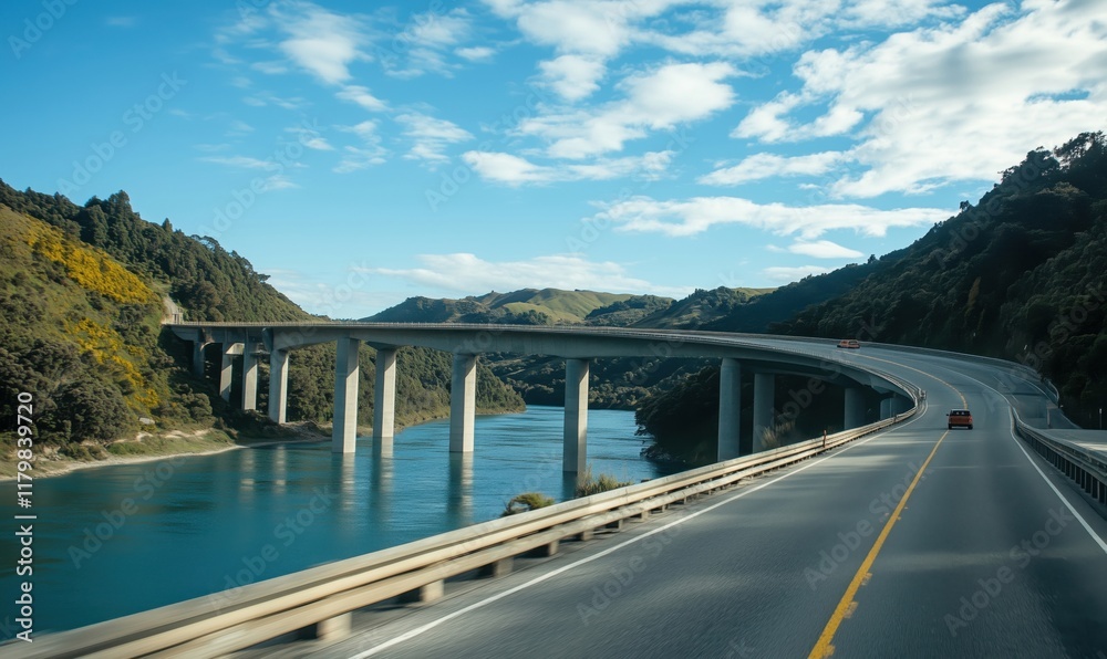 Scenic highway bridge over river surrounded by lush green hills and blue sky, showcasing natural beauty and engineering marvel Scenic highway bridge over river surrounded by lush green hills and blue sky, showcasing natural beauty and engineering marvel