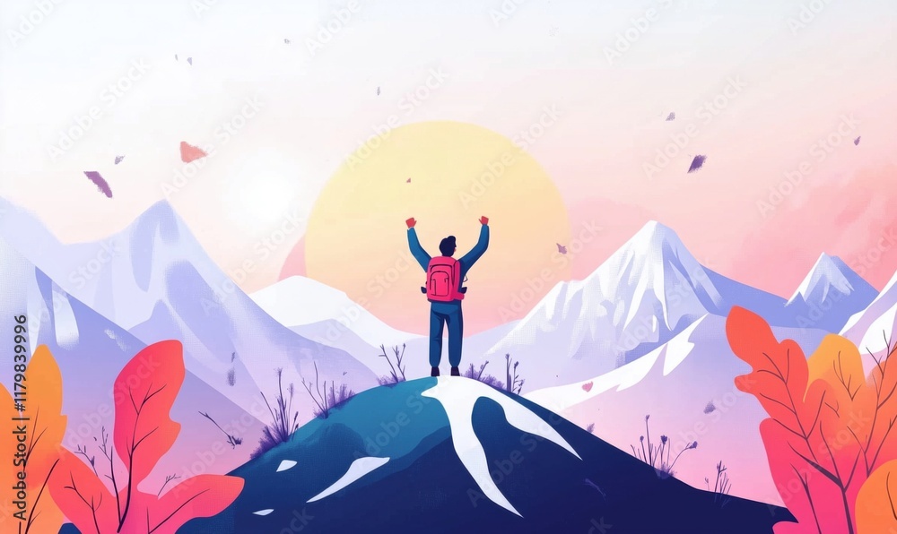 Mountain landscape with hiker celebrating sunset, vibrant colors, autumn foliage, snow-capped peaks, serene atmosphere, adventure, nature exploration