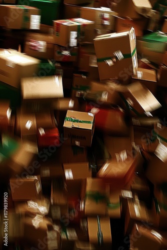 Abstract image of many cardboard boxes stacked high, creating a dynamic and chaotic visual representation of a warehouse or shipping facility.
