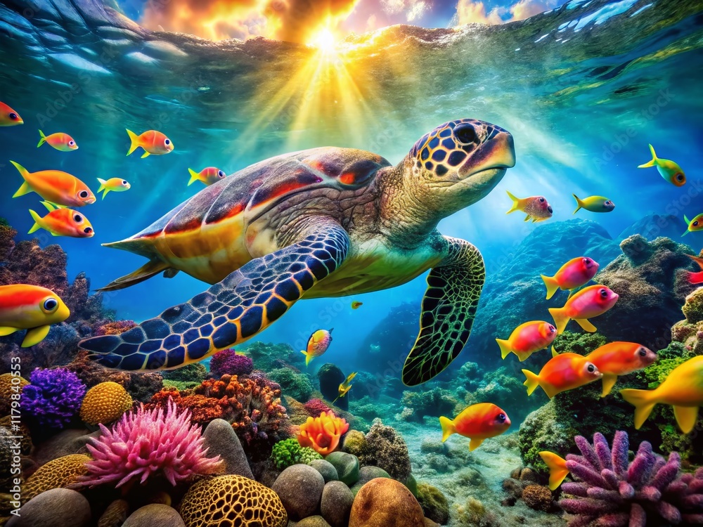 Fototapeta premium Majestic Hawaiian Green Sea Turtle on Vibrant Maui Coral Reef Panoramic