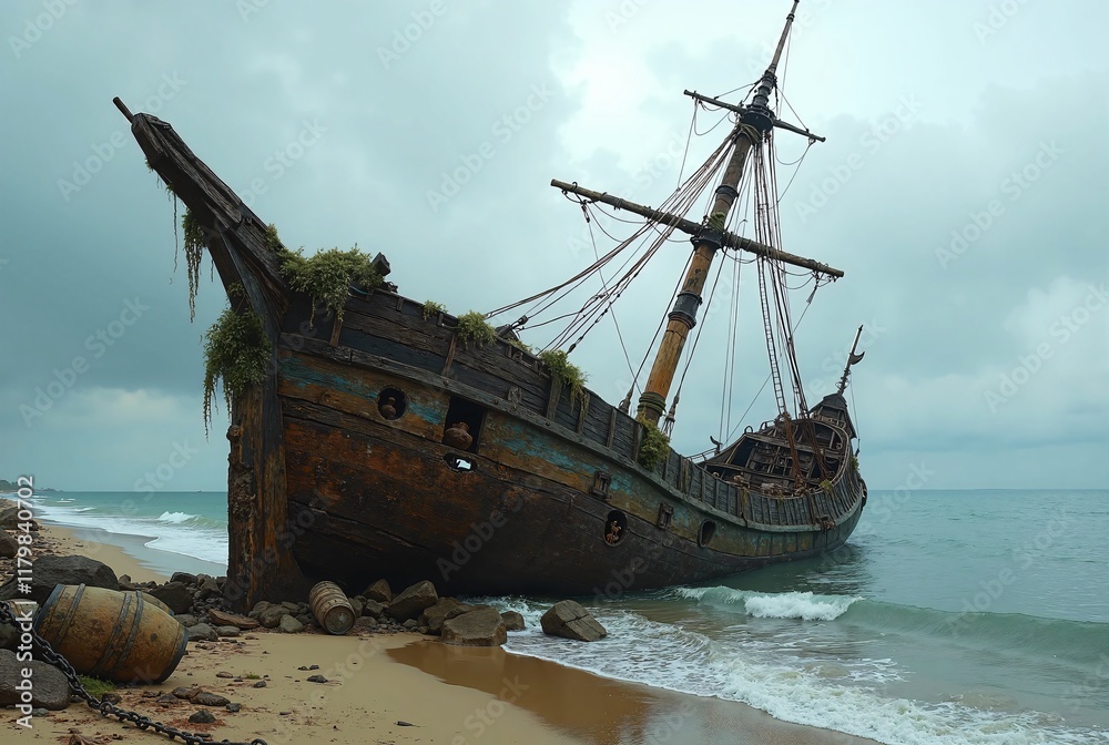abandoned ancient shipwreck half-submerged on a desolate beach. abandoned ancient shipwreck half-submerged on a desolate beach.