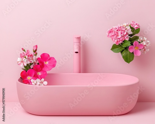 Heartembossed sink with soft pink faucets and floral Valentines accents, unique design, romantic luxury, creative decor photo