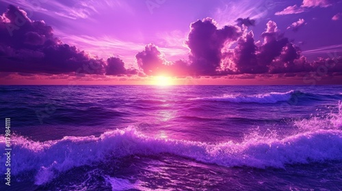 Vibrant purple ocean sunset, waves crashing, tranquil scene, idyllic postcard