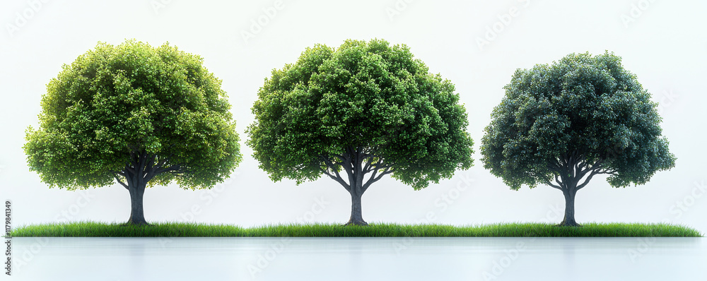 Fototapeta premium Three realistic trees with varying shades of green foliage stand on grassy surface, symbolizing growth and nature