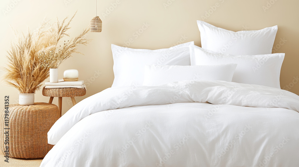 Obraz premium Luxurious white bedding set with decorative pillows and cozy atmosphere. stylish woven basket and dried plants add touch of elegance to serene bedroom decor