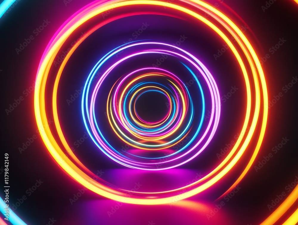 Vibrant concentric neon rings create a truly captivating light display that radiates immense energy while forming a beautifully hypnotic pattern in a dark and atmospheric setting all around Vibrant concentric neon rings create a truly captivating light display that radiates immense energy while forming a beautifully hypnotic pattern in a dark and atmospheric setting all around