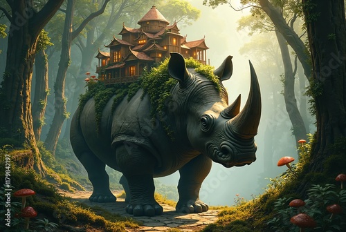 A gargantuan rhino, carrying an ancient village on its back.