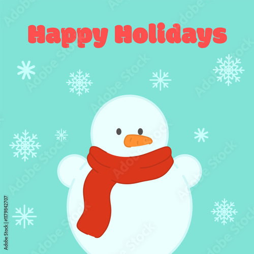 Snowman with a scarf and hat. Cute snowman character in flat style design. Stock Vector illustration on pink background