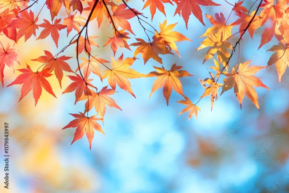 Vibrant Autumn Leaves against a Soft Blue Sky, Capturing the Beauty of Nature's Change during Fall Season with Warm Tones and Serenity Vibrant Autumn Leaves against a Soft Blue Sky, Capturing the Beauty of Nature's Change during Fall Season with Warm Tones and Serenity