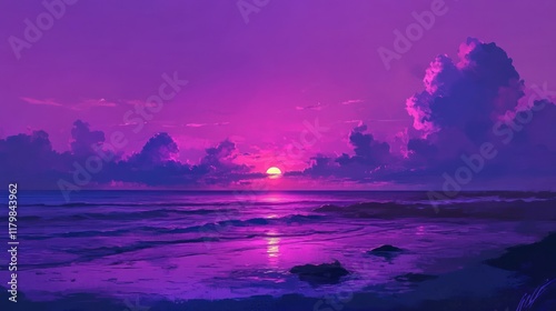 Purple sunset ocean beach digital art background