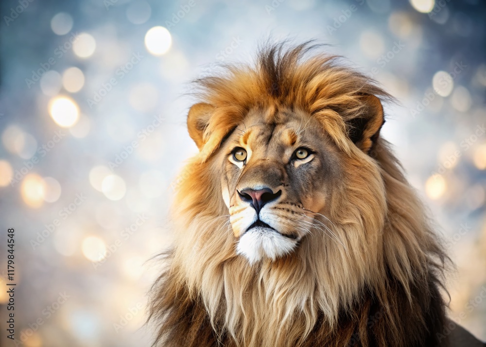 Majestic Lion King Portrait: Elegant Pose, Bokeh Background Majestic Lion King Portrait: Elegant Pose, Bokeh Background
