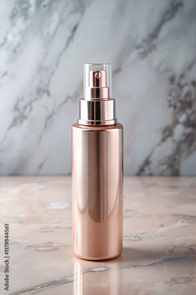 Elegant rose gold spray bottle on marble surface Elegant rose gold spray bottle on marble surface
