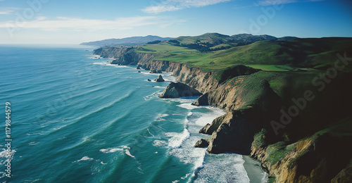 Fototapeta Naklejka Na Ścianę i Meble -  Aerial view of cliffs against the sea with room for text