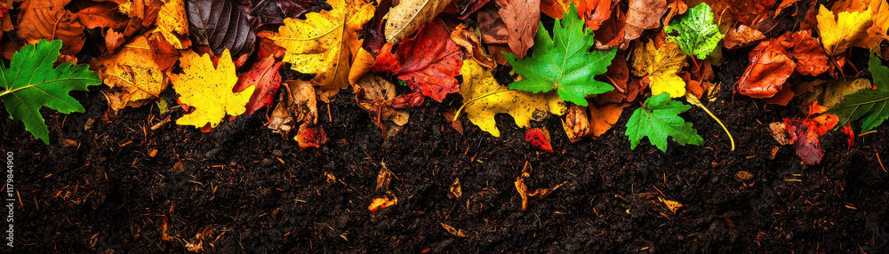 Colorful autumn leaves layered over rich, dark compost soil, symbolizing natural recycling Colorful autumn leaves layered over rich, dark compost soil, symbolizing natural recycling