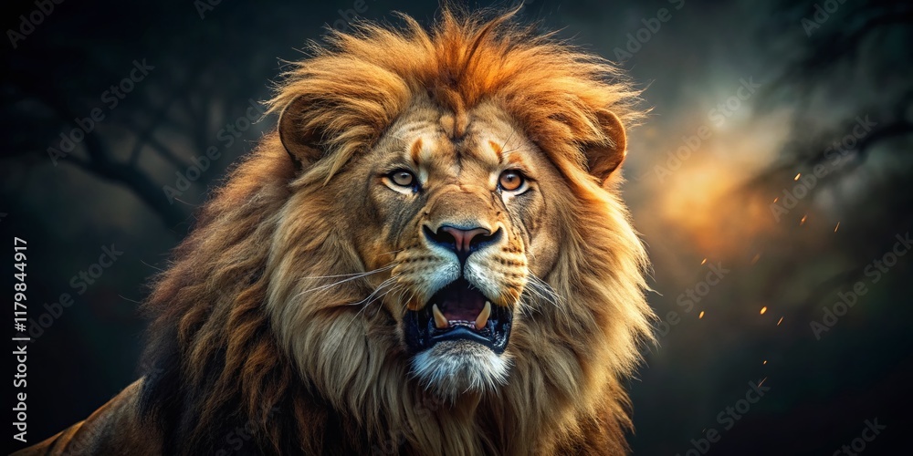 Fototapeta premium Majestic Lion Roar in Low Light - Powerful Wildlife Photography