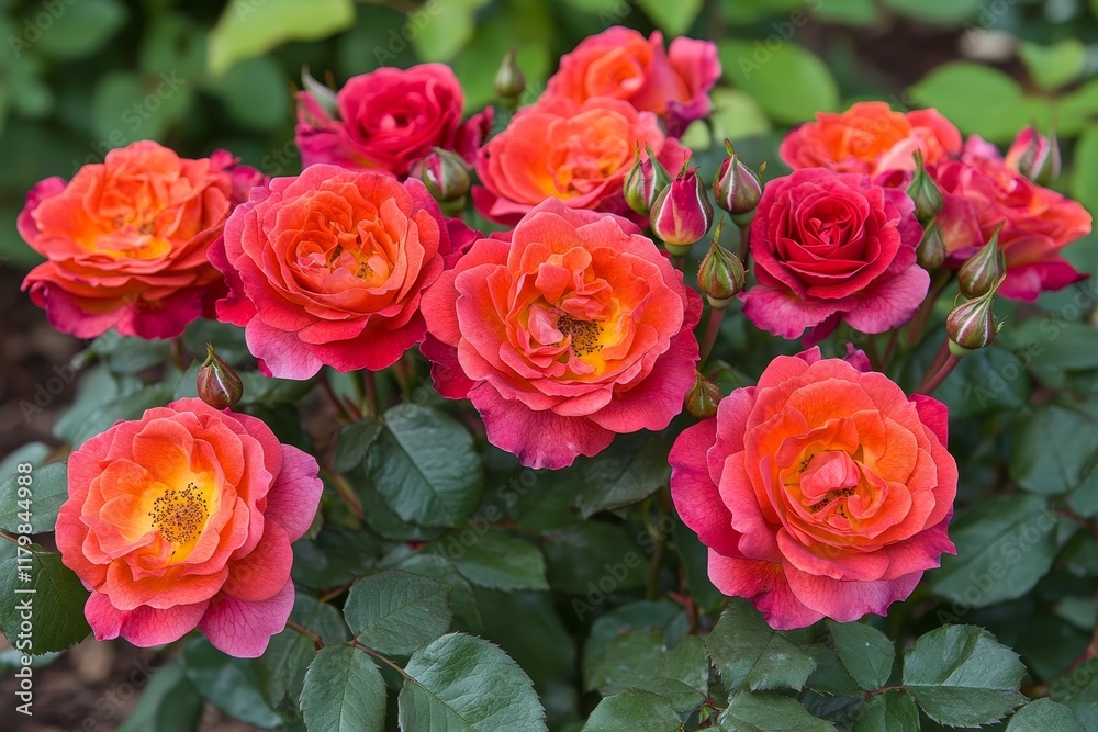 Vibrant Cluster of Roses in Bloom Featuring Shades of Orange and Pink Against a Lush Green Foliage Background in a Beautiful Garden Setting Vibrant Cluster of Roses in Bloom Featuring Shades of Orange and Pink Against a Lush Green Foliage Background in a Beautiful Garden Setting