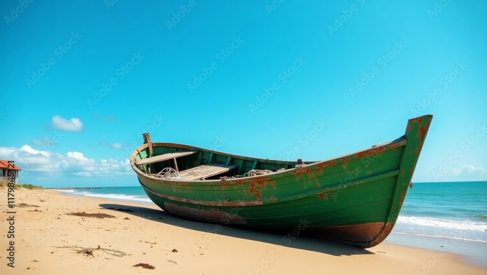 A green wooden boat rests on a sandy beach under a bright sky, with gentle waves in the background, ideal for travel, nature, or coastal-themed projects. A green wooden boat rests on a sandy beach under a bright sky, with gentle waves in the background, ideal for travel, nature, or coastal-themed projects.