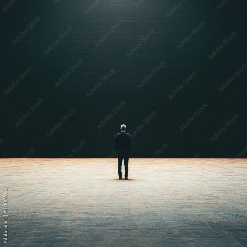 Obraz premium Dramatic perspective of a contemplative figure in a vast minimalist environment