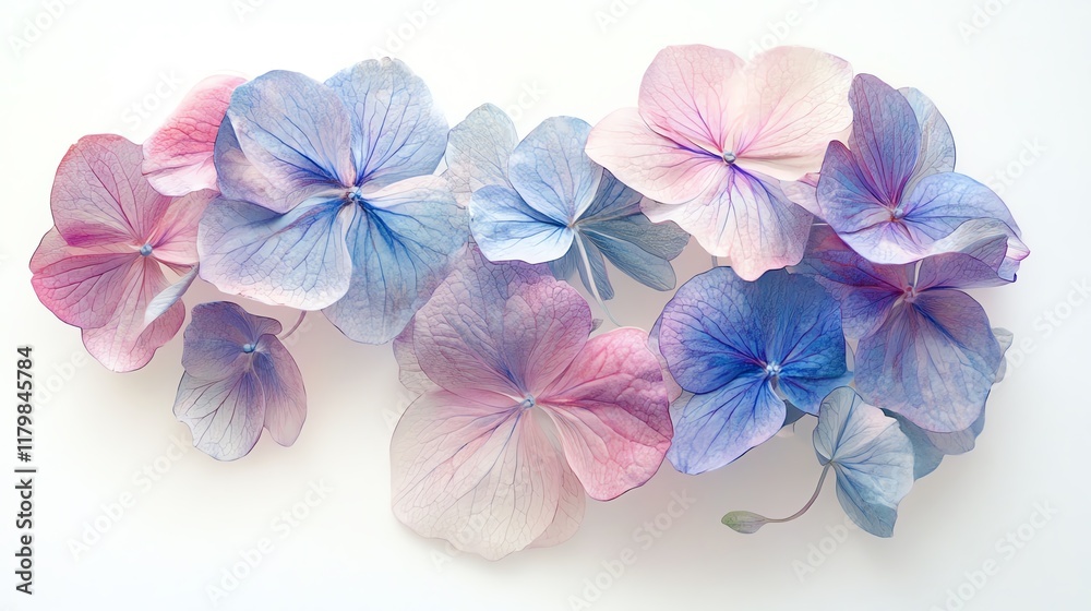 Obraz premium Beautiful pastel hydrangea flowers arranged elegantly on a soft background.