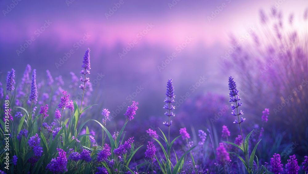 Naklejka premium Lavender flowers blooming in a field at sunset creating a purple haze