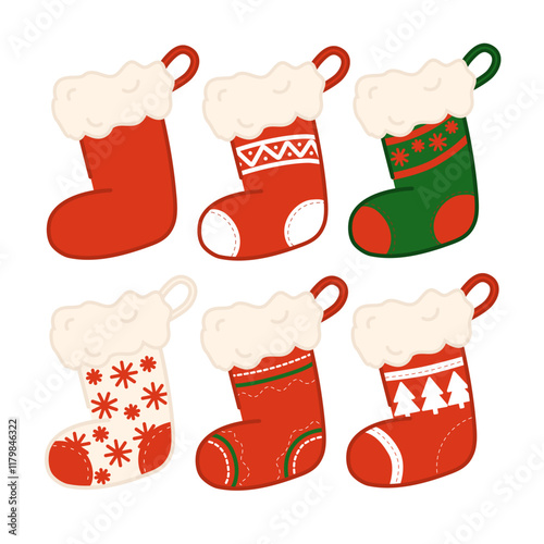 Christmas stockings vector set isolated from background. Various traditional colorful and ornate holiday stockings or socks collection. Cartoon New Year design illustrations.