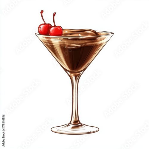 A glass of chocolate martini with cherries on top. The glass is half full and the cherries are on the rim of the glass photo