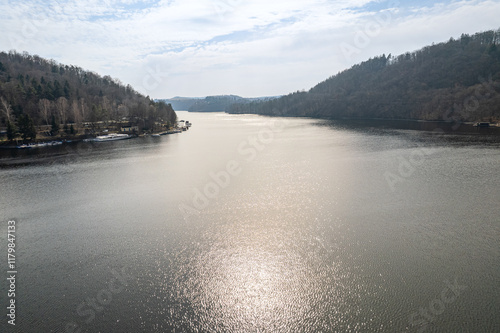 Aerial view of Water dam Slapy and its surrounding in March 2022