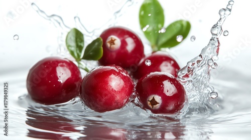 Fresh cranberries splashing in clear water, showcasing vibrant colors and freshness.