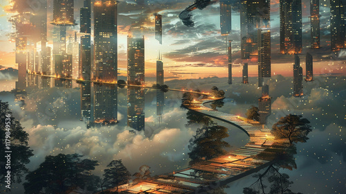 A surreal cityscape with floating skyscrapers and glowing pathways in a twilight sky photo