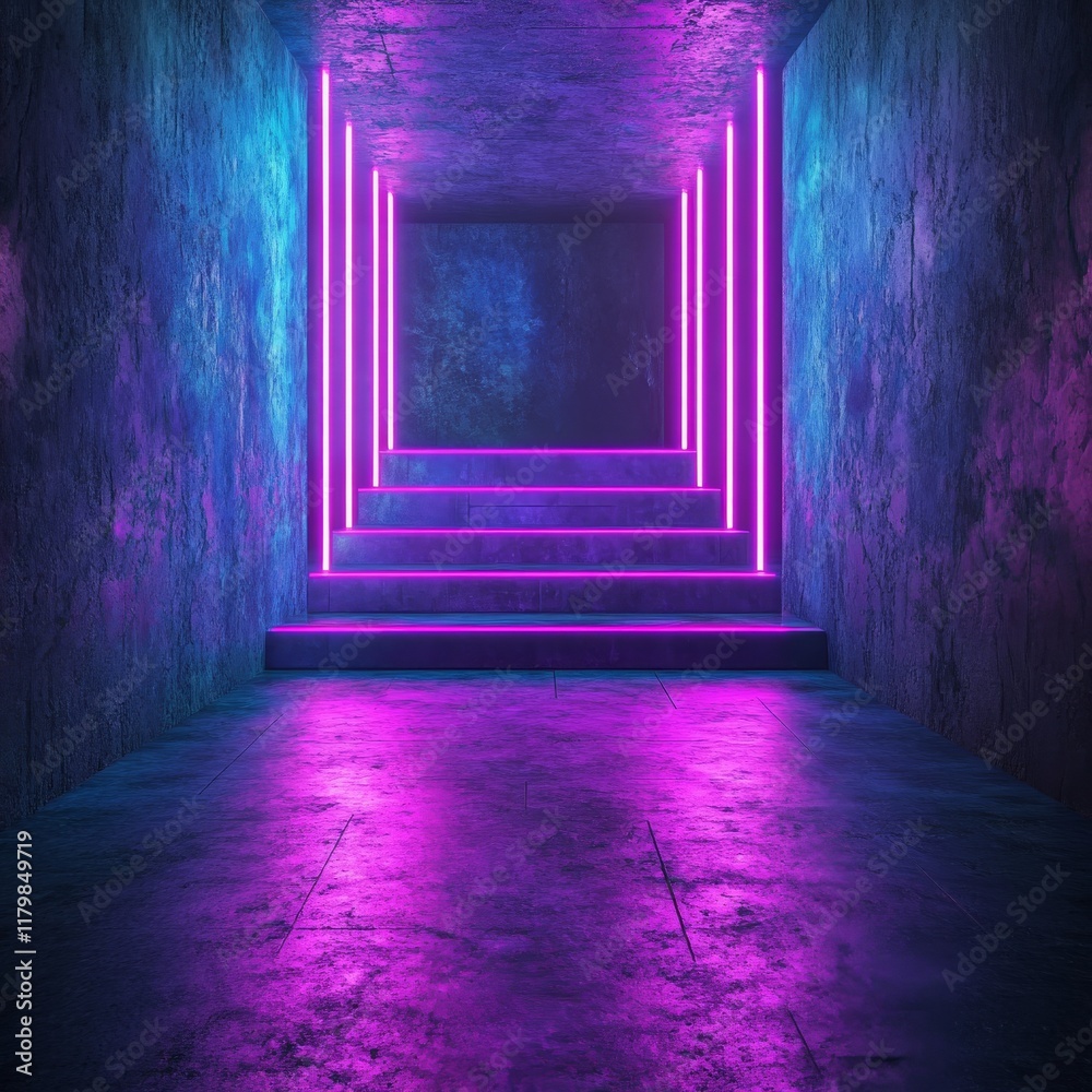 Fototapeta premium Empty Dark Room With Neon Glowing Purple And Blue Pink Neon 