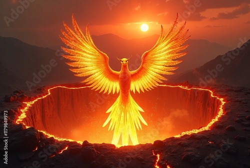 A radiant phoenix emerges from an enormous volcanic crater photo