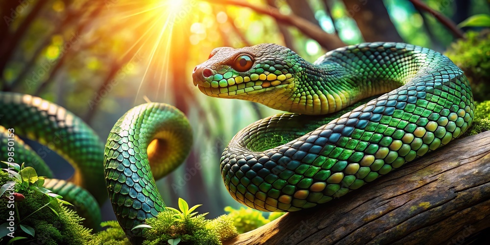 Fototapeta premium Majestic Naga Serpent Coiled in Lush Jungle, Rule of Thirds Composition