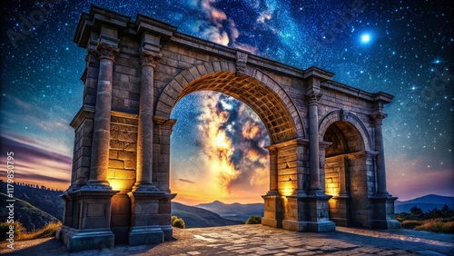 Majestic Night Arch: Illuminated Stone Structure Under Starry Sky