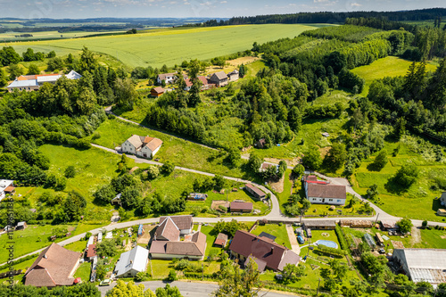 Aerial view of ex Sudeten village Vendoli on historical border Moravia and Czechia in June 2022 photo