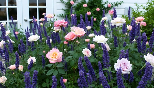 Fototapeta Naklejka Na Ścianę i Meble -  Pink White Roses Lavender Blooms Garden Peaceful Setting Backyard