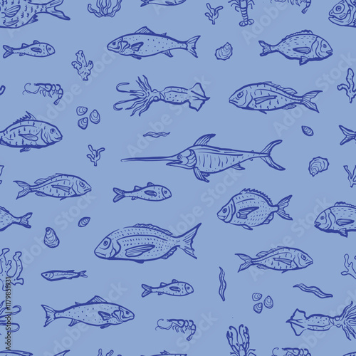Sea food seamless pattern. Lobster, crab, shrimp and squid hand drawn illustration. Design for branding, restaurant and menu. Ocean and sea delicacy on blue background.