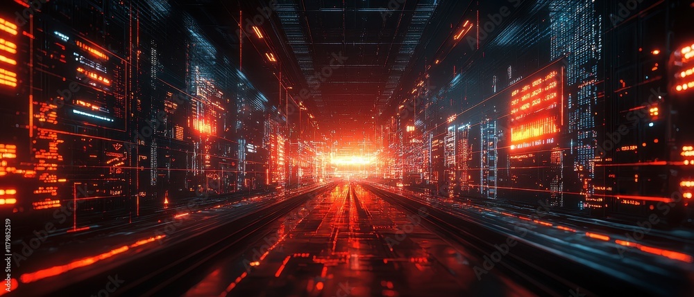 Futuristic Digital Corridor with Neon Lights and High-Tech Elements in Dark Environment Futuristic Digital Corridor with Neon Lights and High-Tech Elements in Dark Environment