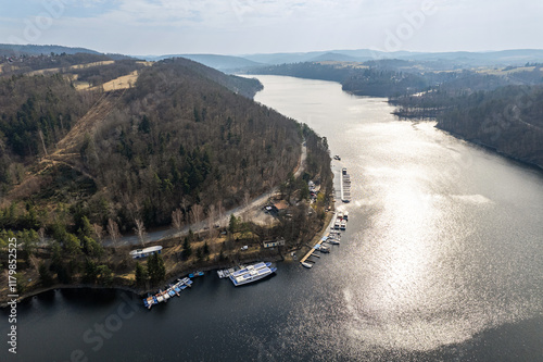 Aerial view of Water dam Slapy and its surrounding in March 2022 photo