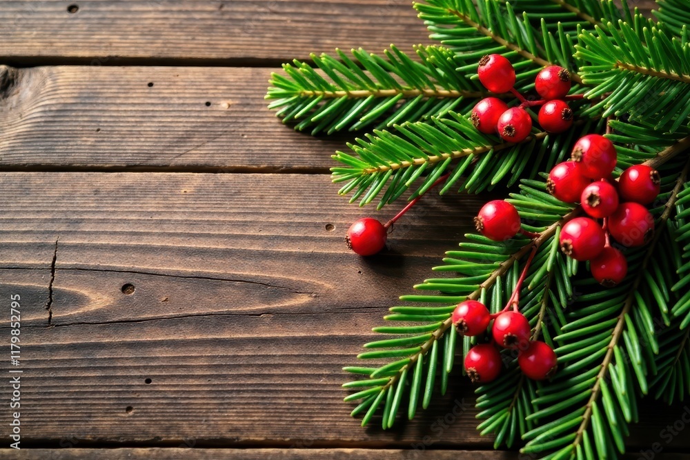 Dried evergreen branches and red berries on a rustic wooden table , Dried berries, Evergreen branches, Holiday decor