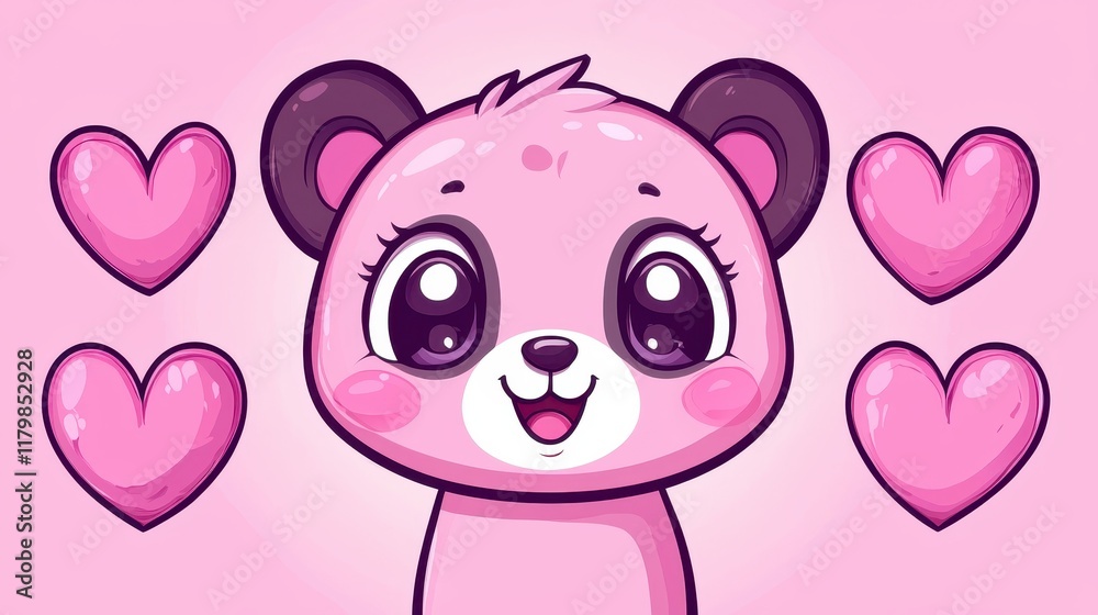 Adorable Pink Panda Bear Cub Cartoon Illustration with Hearts Cute Kawaii Animal Design for