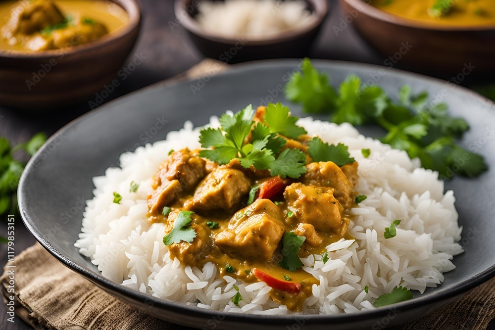 Close-up of a single exquisite dish of chicken curry, served with rice and fresh cilantro. Close-up of a single exquisite dish of chicken curry, served with rice and fresh cilantro.