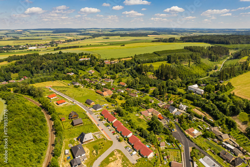 Aerial view of ex Sudeten village Vendoli on historical border Moravia and Czechia in June 2022 photo